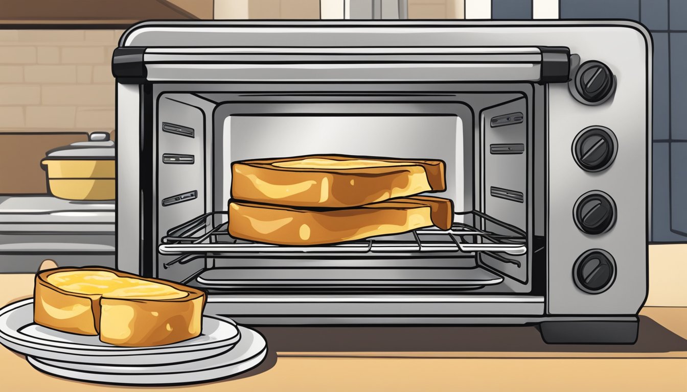 A plate of gluten-free French toast being reheated in a toaster oven