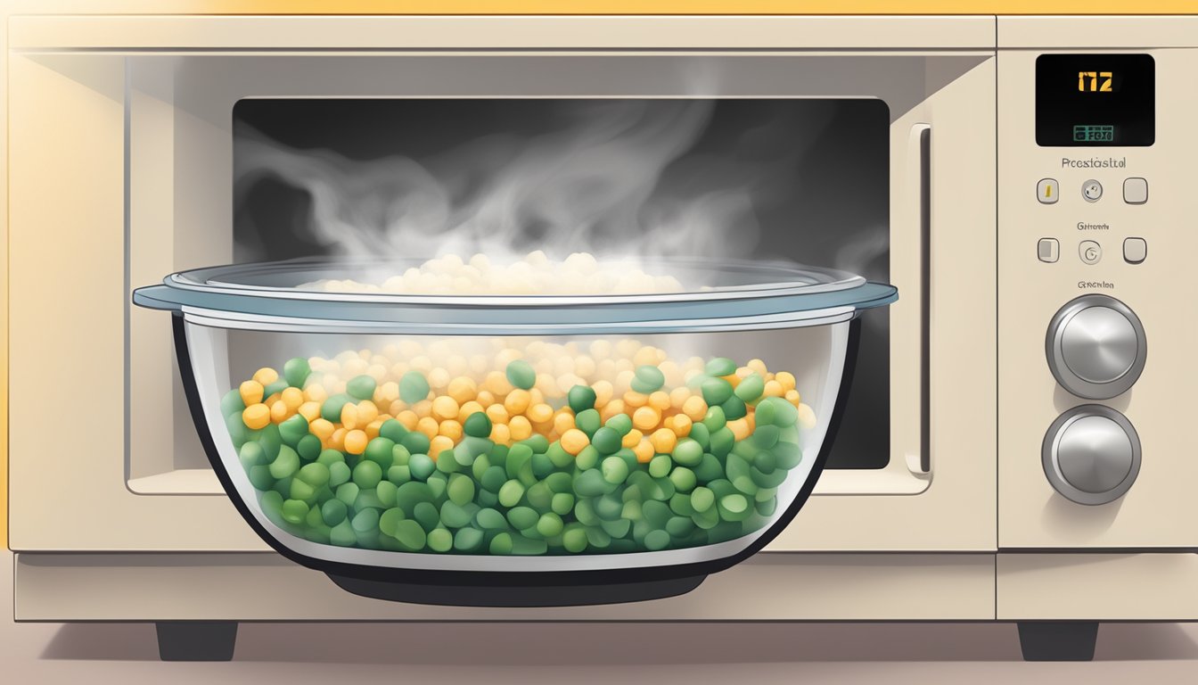 A colorful bowl of gluten-free chickpea salad being reheated in a microwave, with steam rising from the dish