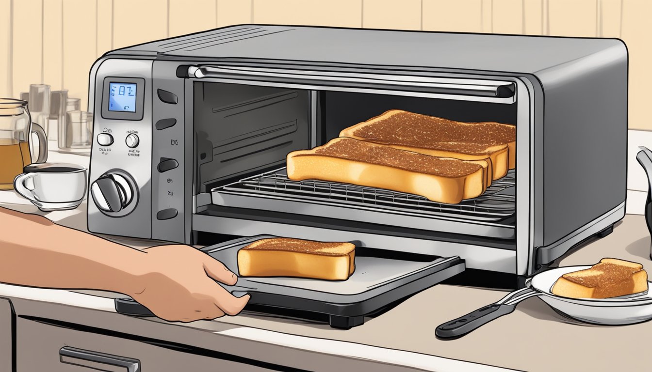 A person placing gluten free french toast in a toaster oven