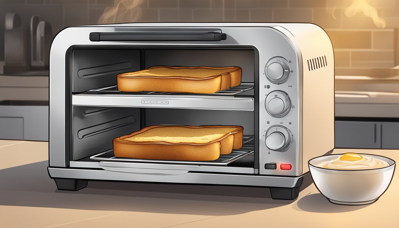 A toaster oven with gluten-free French toast inside, emitting steam