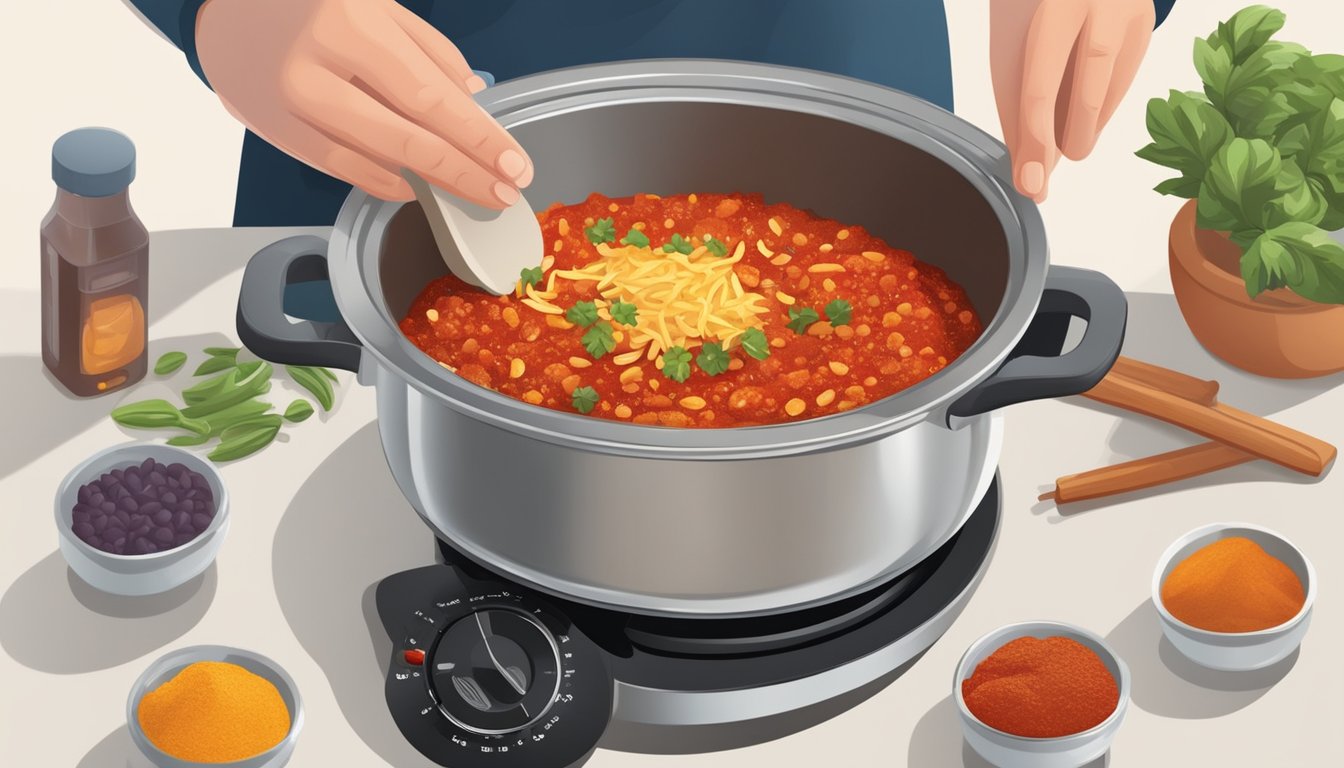 A person selecting gluten-free ingredients for chili, then reheating the chili in a pot on the stove