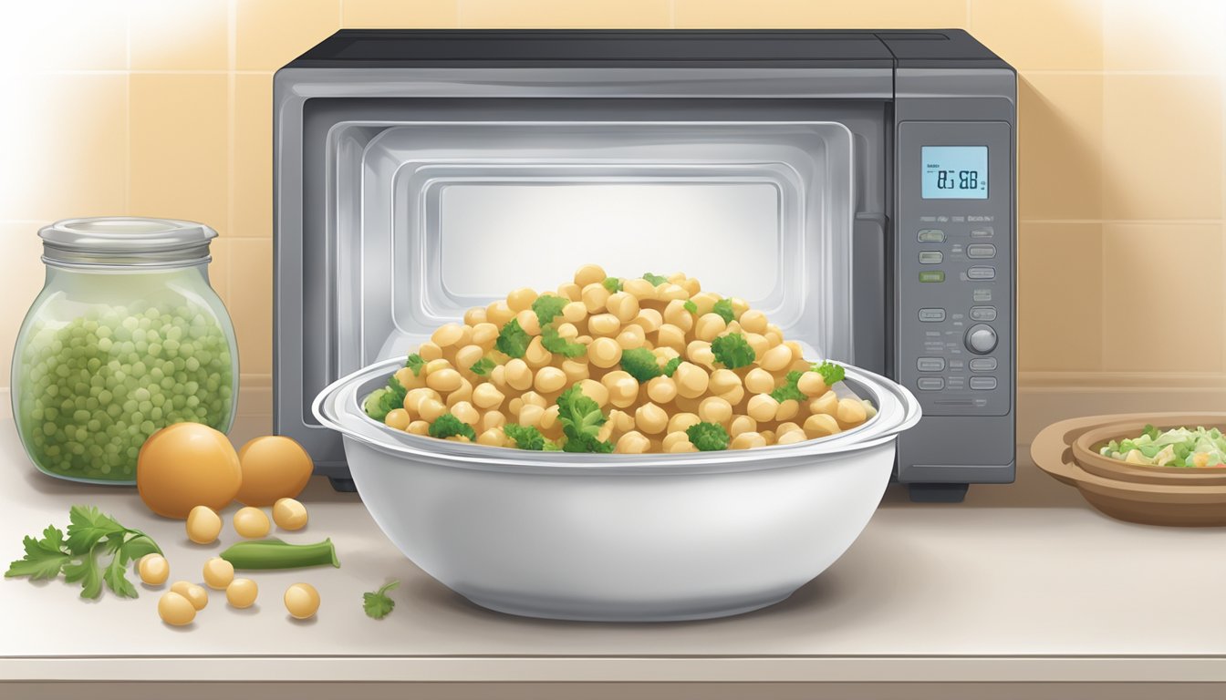 A microwave with a bowl of chickpea salad covered with a microwave-safe lid, steam rising from the bowl