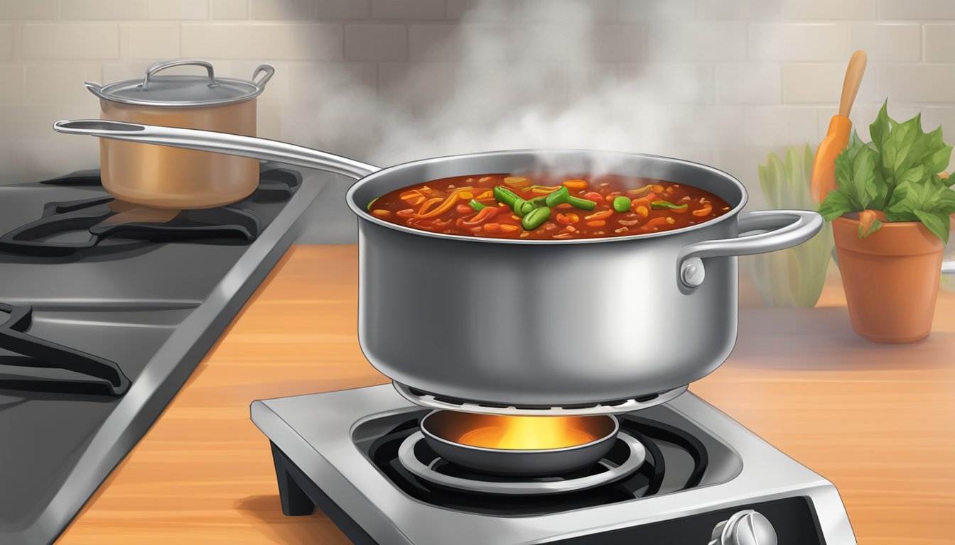 A pot of gluten free chili being reheated on a stovetop, with steam rising and a ladle resting on the side