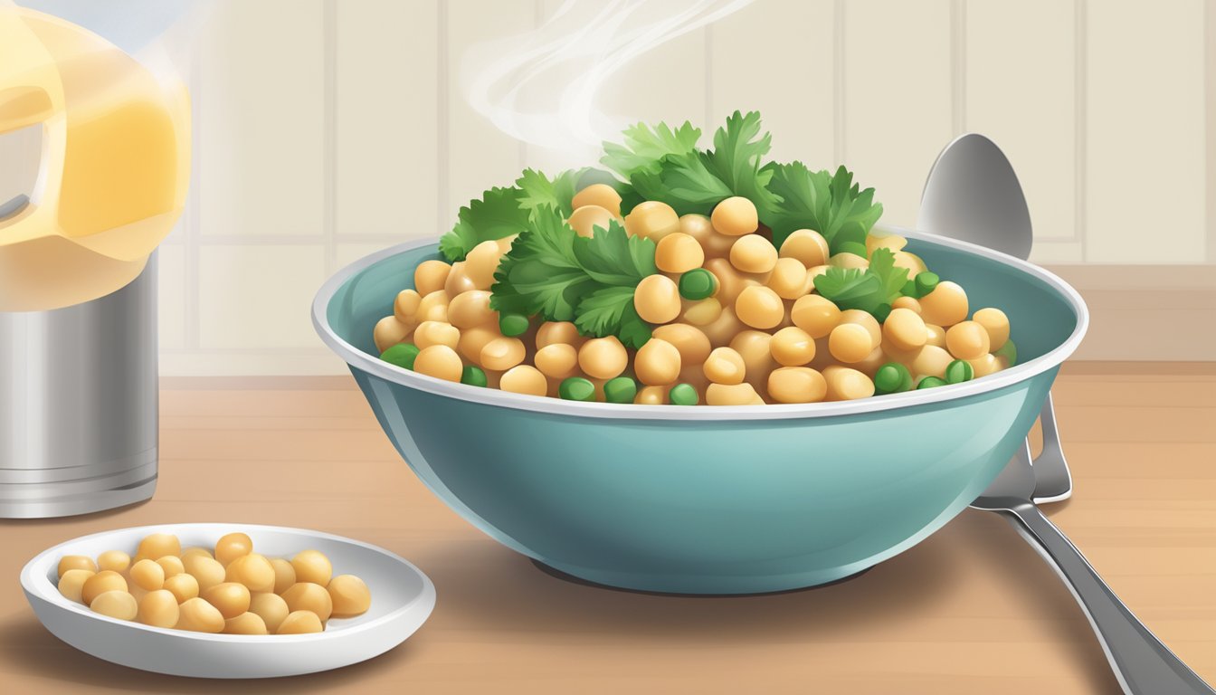 A microwave heating a bowl of gluten-free chickpea salad, steam rising, with a fork beside it