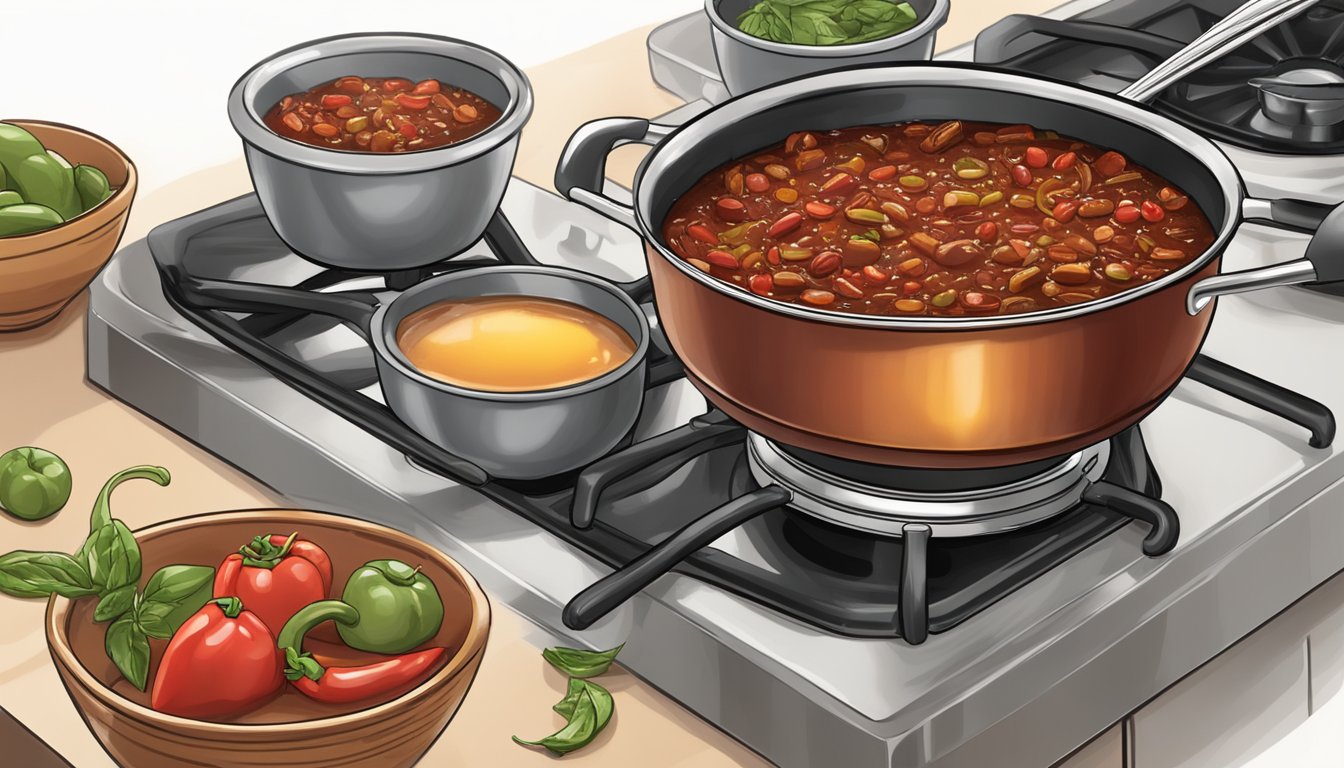 A pot of gluten-free chili being reheated on a stovetop, with a ladle and garnishes nearby