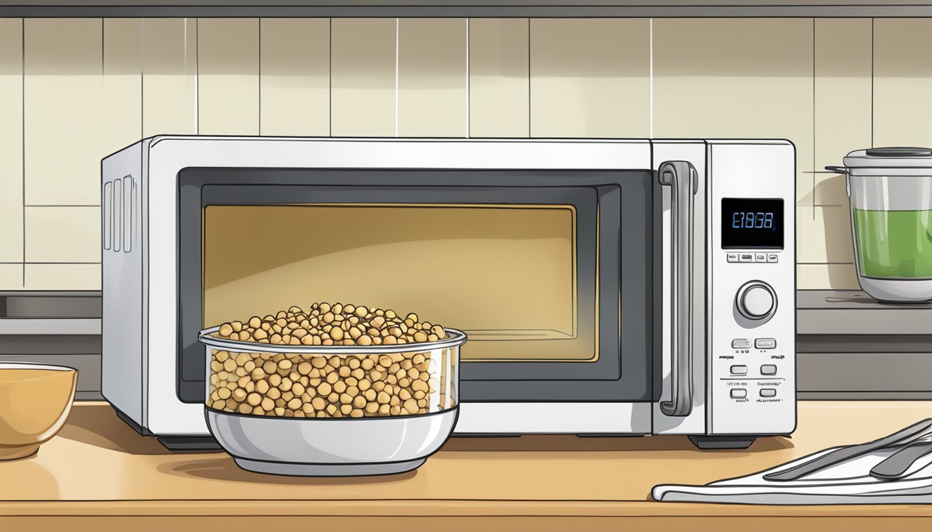 A microwave with a bowl of gluten-free chickpea salad inside, steam rising as it reheats. A fork rests beside the bowl