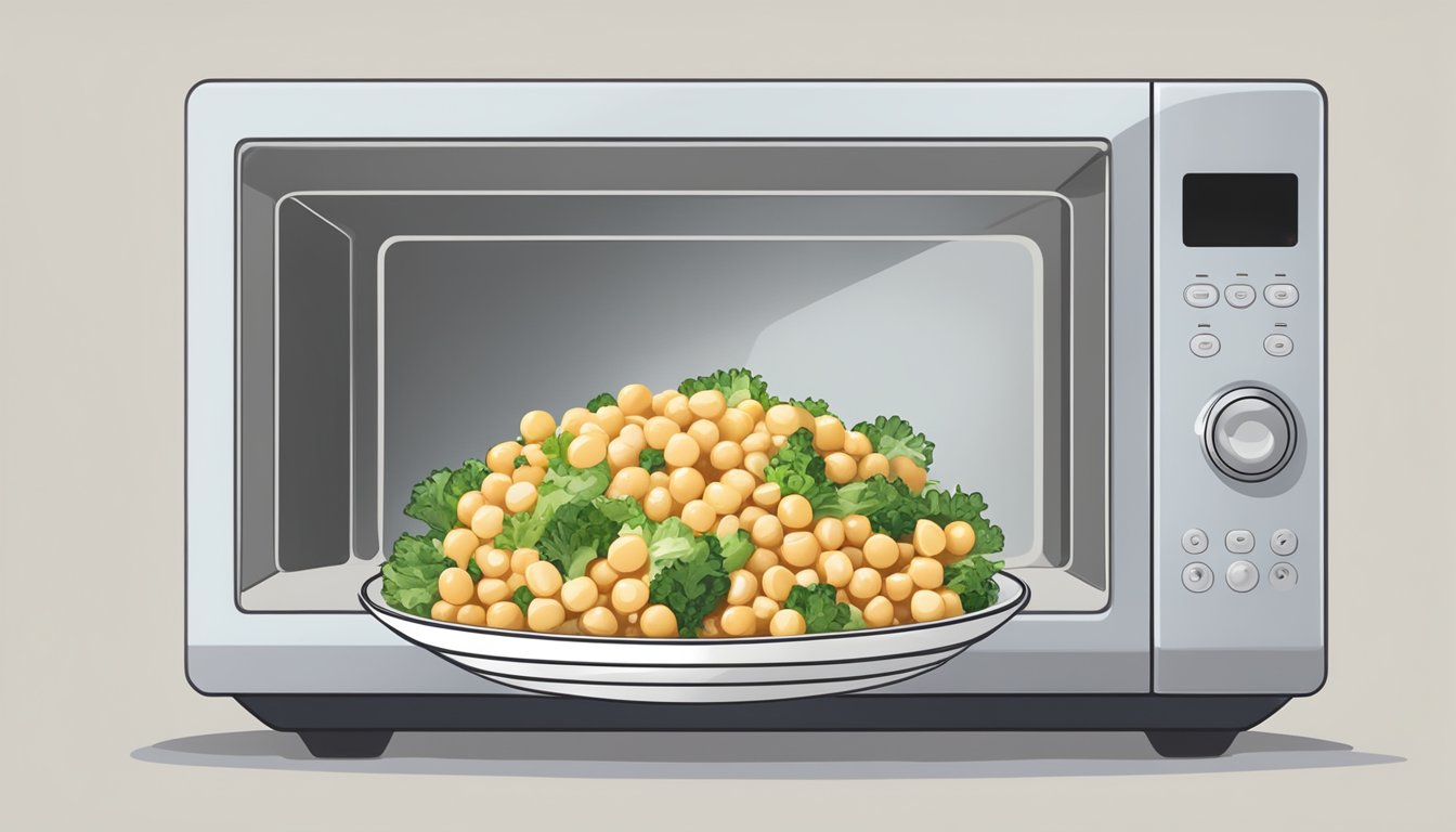 A microwave with a plate of gluten-free chickpea salad inside, steam rising from the dish