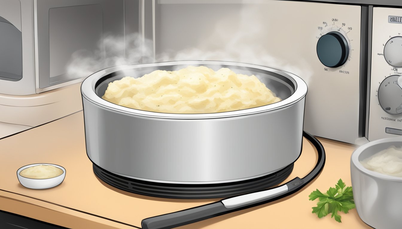 A steaming bowl of gluten-free garlic mashed potatoes being reheated in a microwave