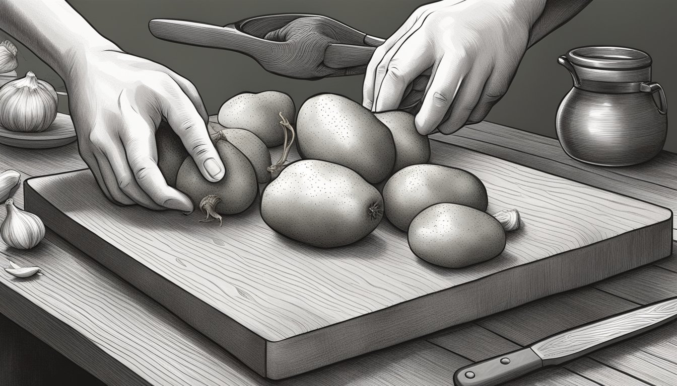 A hand reaching for a bag of potatoes, next to a head of garlic on a cutting board, with a pot and a masher nearby