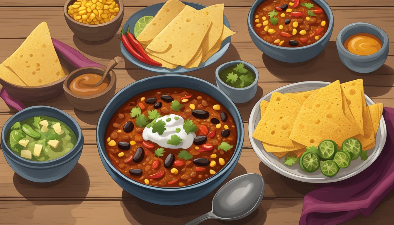 A steaming bowl of gluten-free chili sits on a rustic wooden table, surrounded by colorful variations of toppings and accompanied by a stack of warm corn tortillas