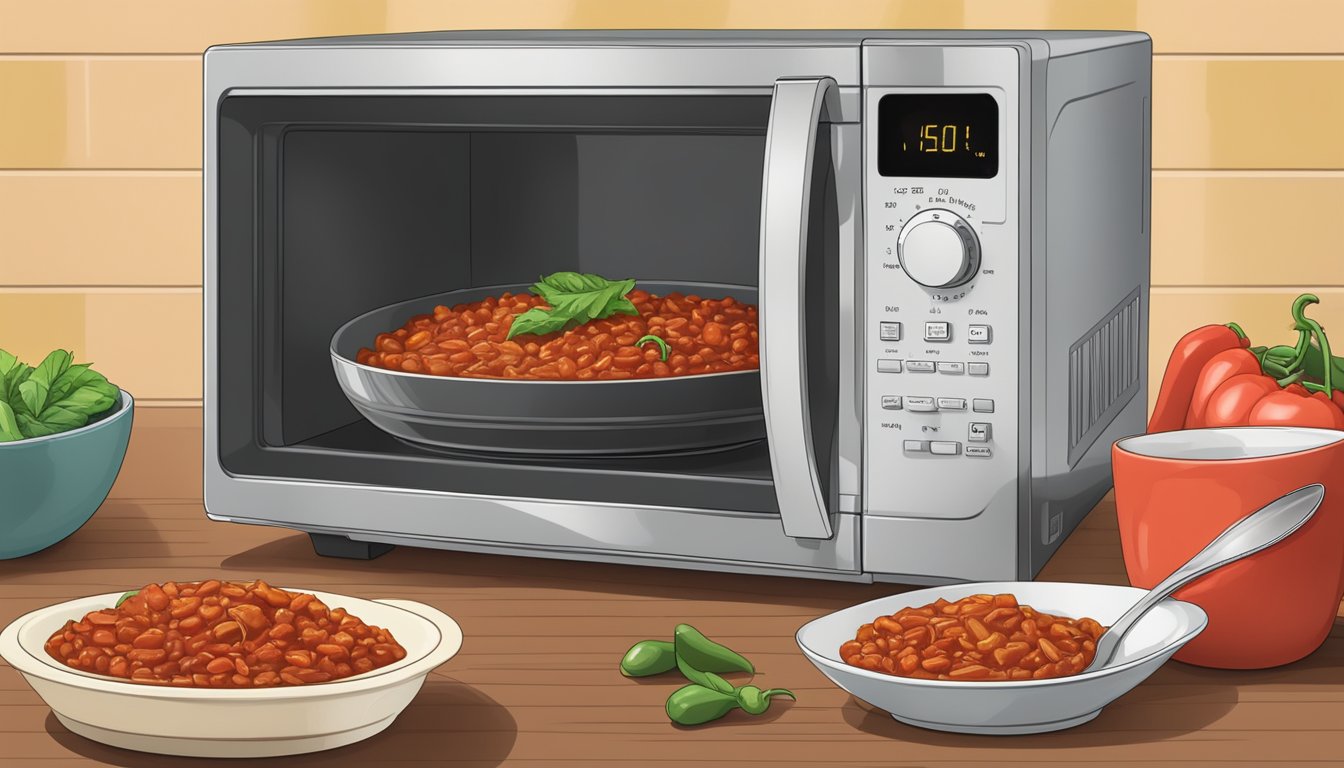 A microwave with a bowl of gluten-free chili inside, a spoon resting on the counter next to it