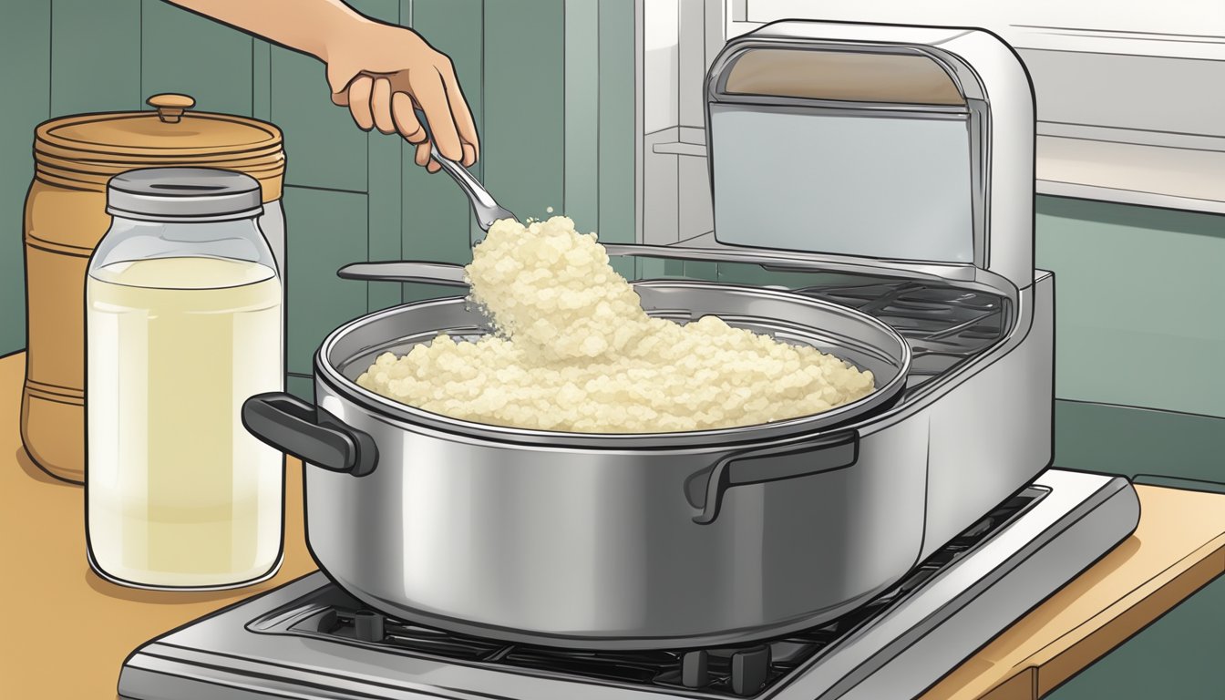 A kitchen counter with a container of gluten-free garlic mashed potatoes being placed into a freezer. A pot of boiling water on a stove for reheating