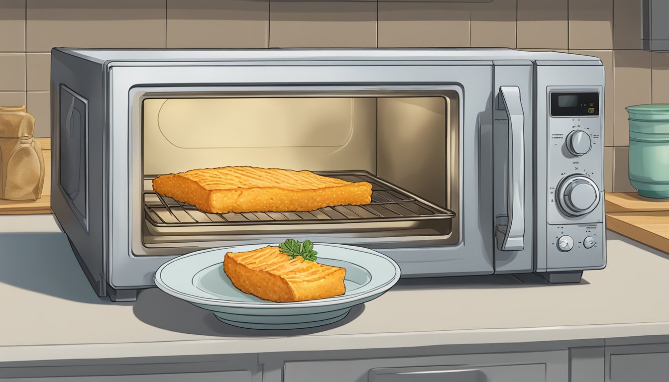 A gluten-free cod fillet sits on a plate, surrounded by a microwave, oven, and stovetop