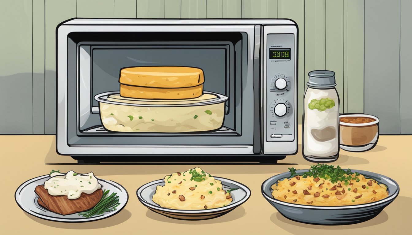 A microwave with a bowl of gluten-free garlic mashed potatoes, surrounded by various toppings and variations such as cheese, chives, bacon, and sour cream