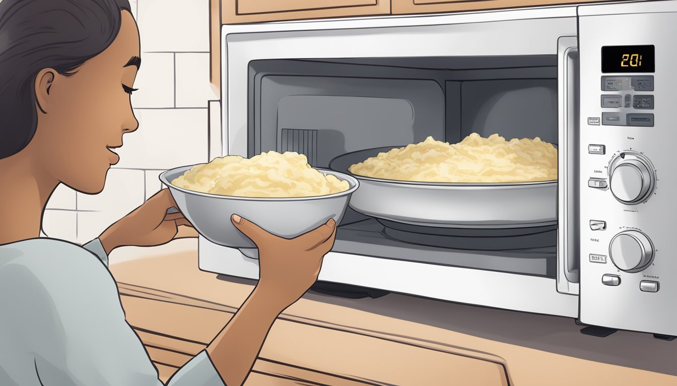 A person reheating gluten-free garlic mashed potatoes in a microwave-safe dish