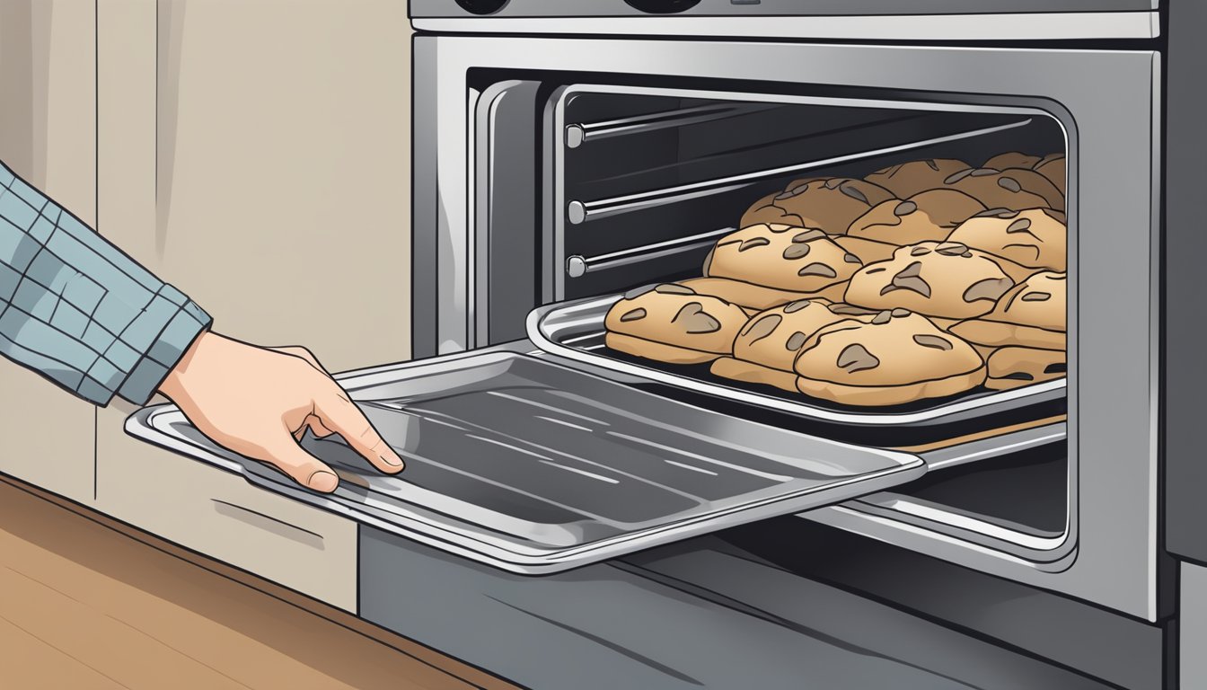 A hand reaching into an oven to remove a tray of gluten-free cookies, with a timer set to indicate the optimal reheating time