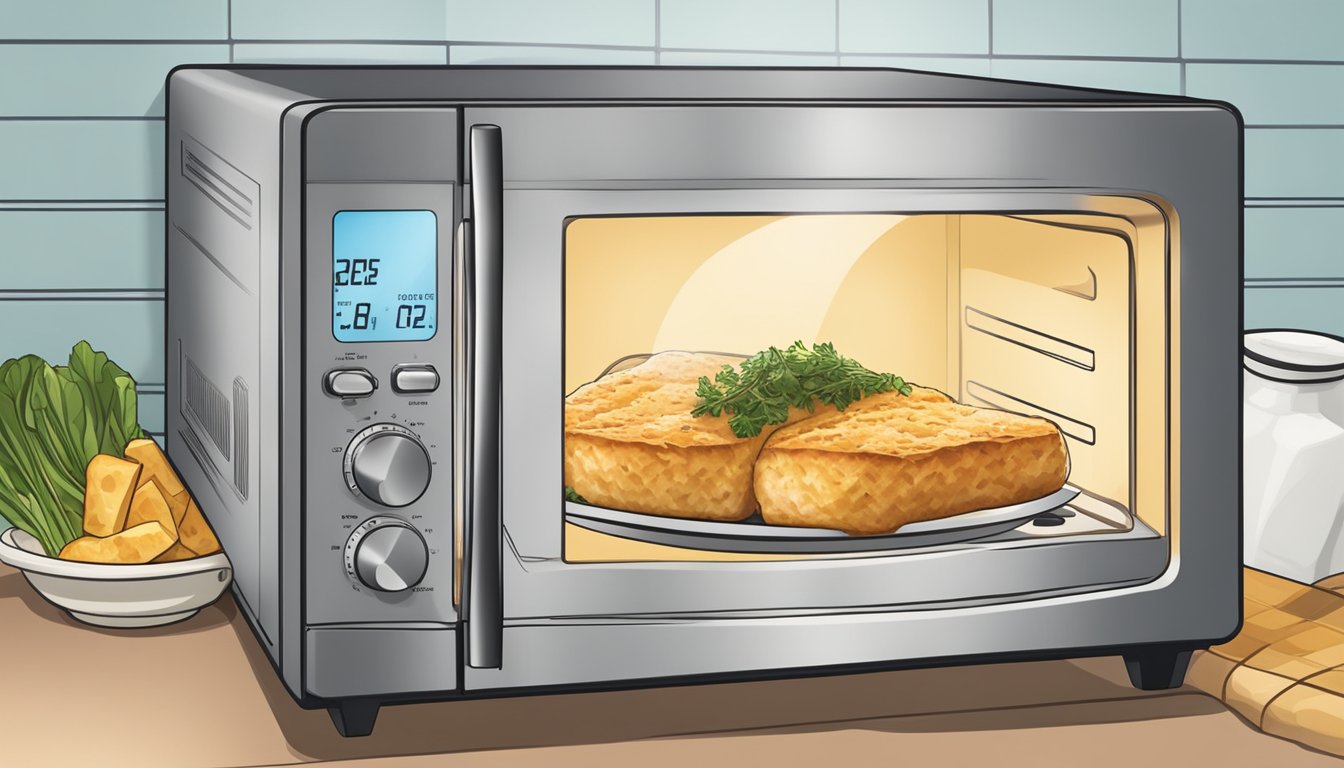 A microwave with a plate of gluten free cod fillets inside, a toaster oven, and a skillet on a stovetop