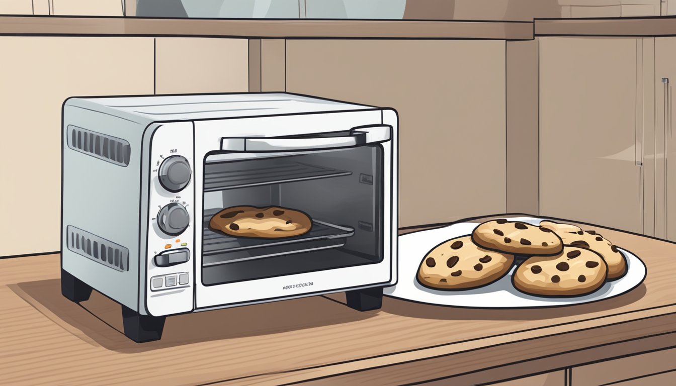 A plate of gluten-free cookies is being warmed in an oven, with a microwave and toaster oven nearby