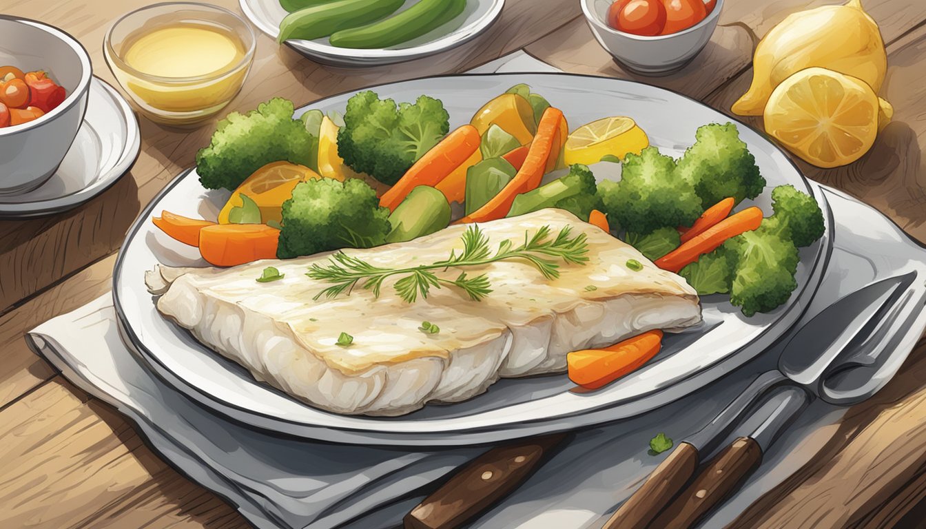 A steaming plate of reheated cod fillets with a side of colorful vegetables, placed on a rustic wooden table