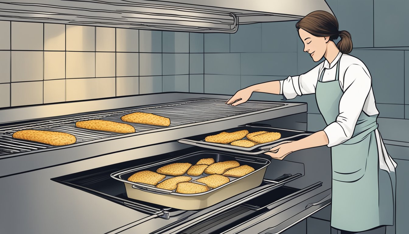 A person placing gluten-free cod fillets in an oven for reheating