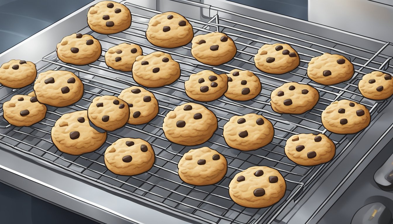 A plate of gluten free cookies being removed from the oven, steam rising as they cool on a wire rack