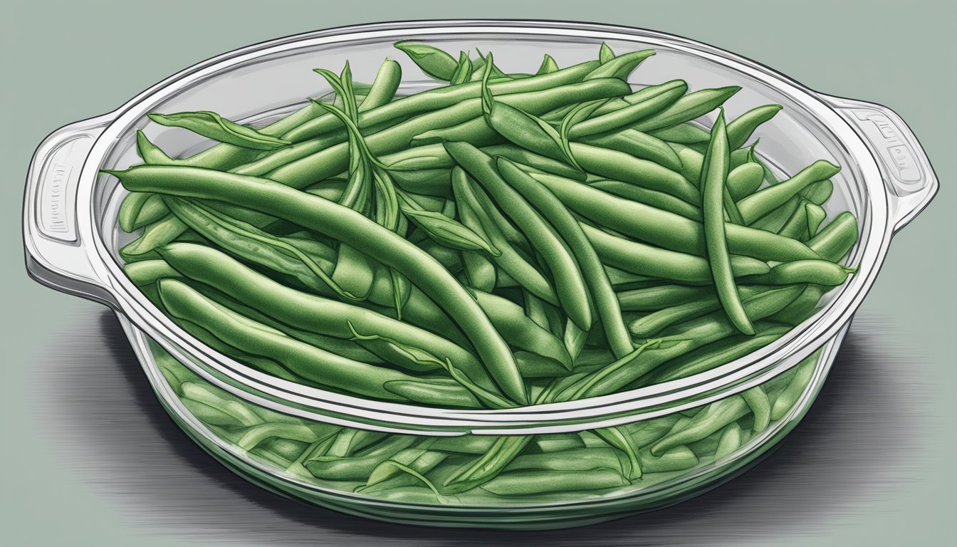 A microwave-safe dish with a serving of gluten-free green beans covered with a microwave-safe lid, ready to be reheated