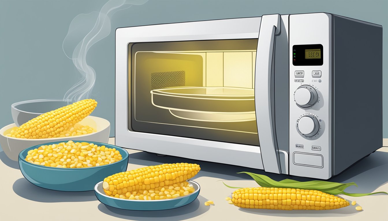 A microwave next to a bowl of gluten-free corn, with steam rising from the reheated kernels