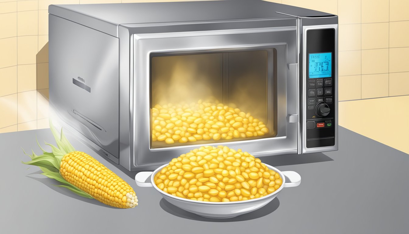 A steaming bowl of gluten-free corn being carefully reheated in a microwave, with a cover to lock in moisture and flavor