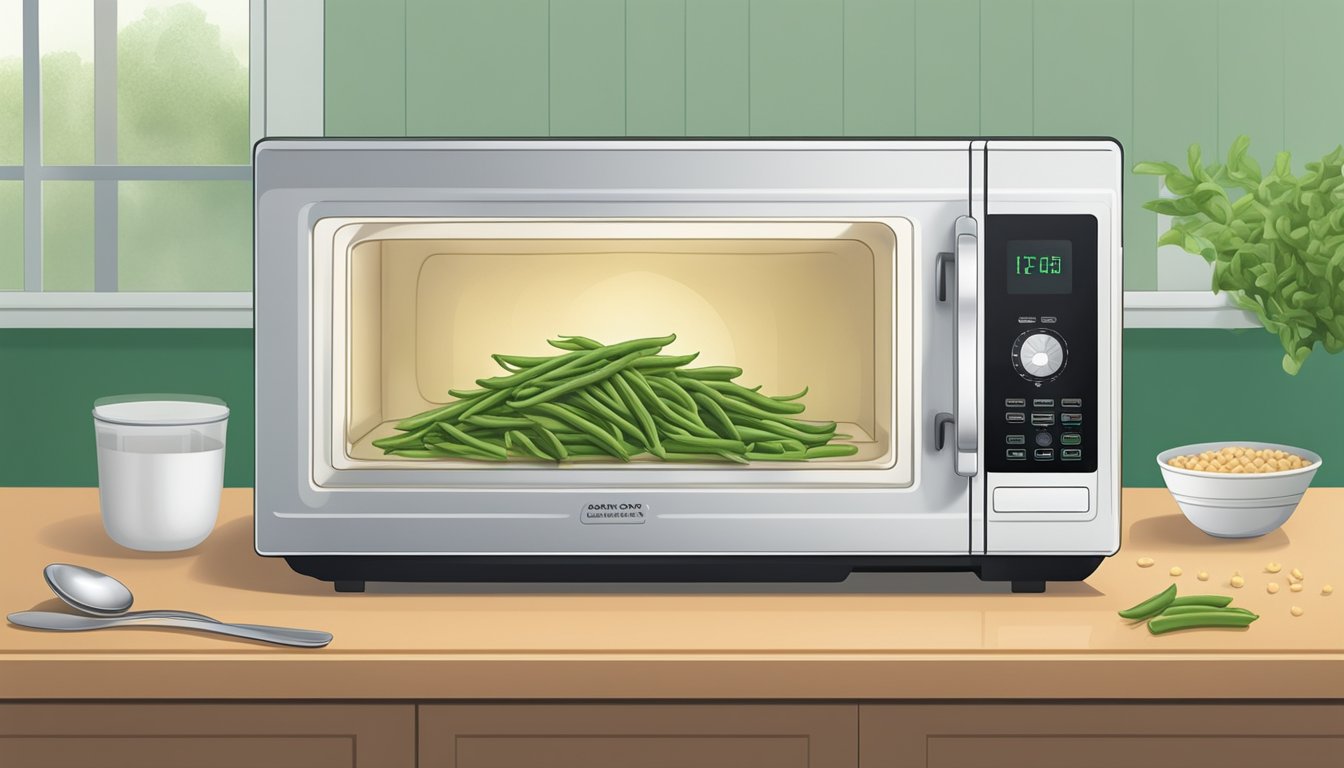 A microwave with a plate of gluten free green beans inside, a steam venting from the dish as it reheats