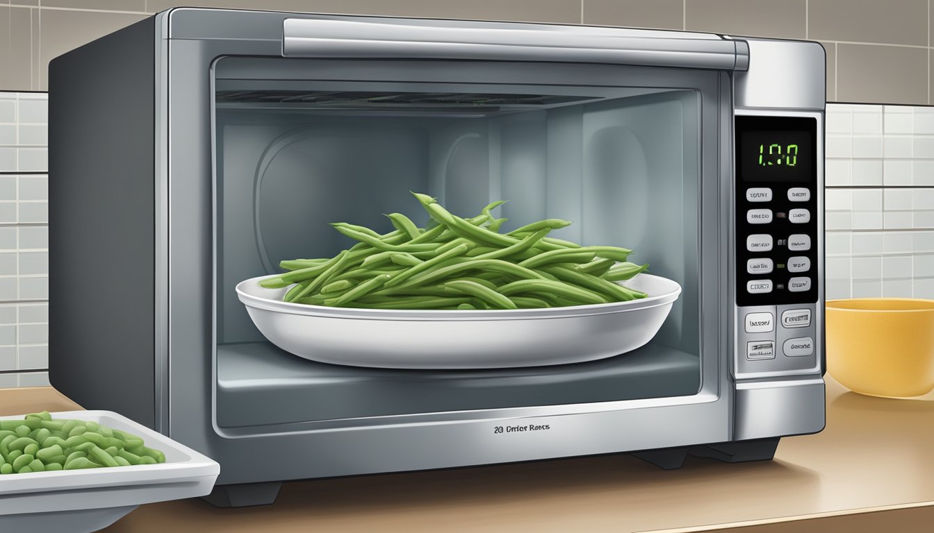 A microwave with a plate of gluten-free green beans inside, a steam venting from the plate, and a timer counting down