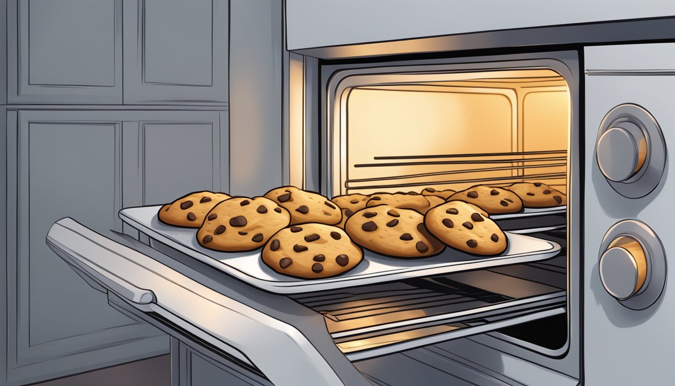 A plate of gluten-free cookies sitting in the oven, with the warm glow of the oven door in the background