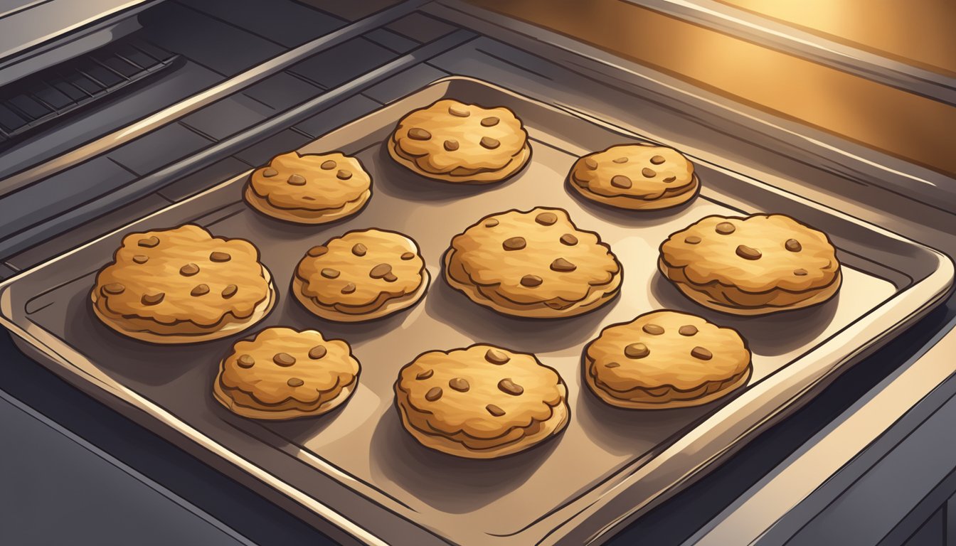 A plate of gluten-free cookies sits on a baking sheet in the oven, the warm glow highlighting their golden edges