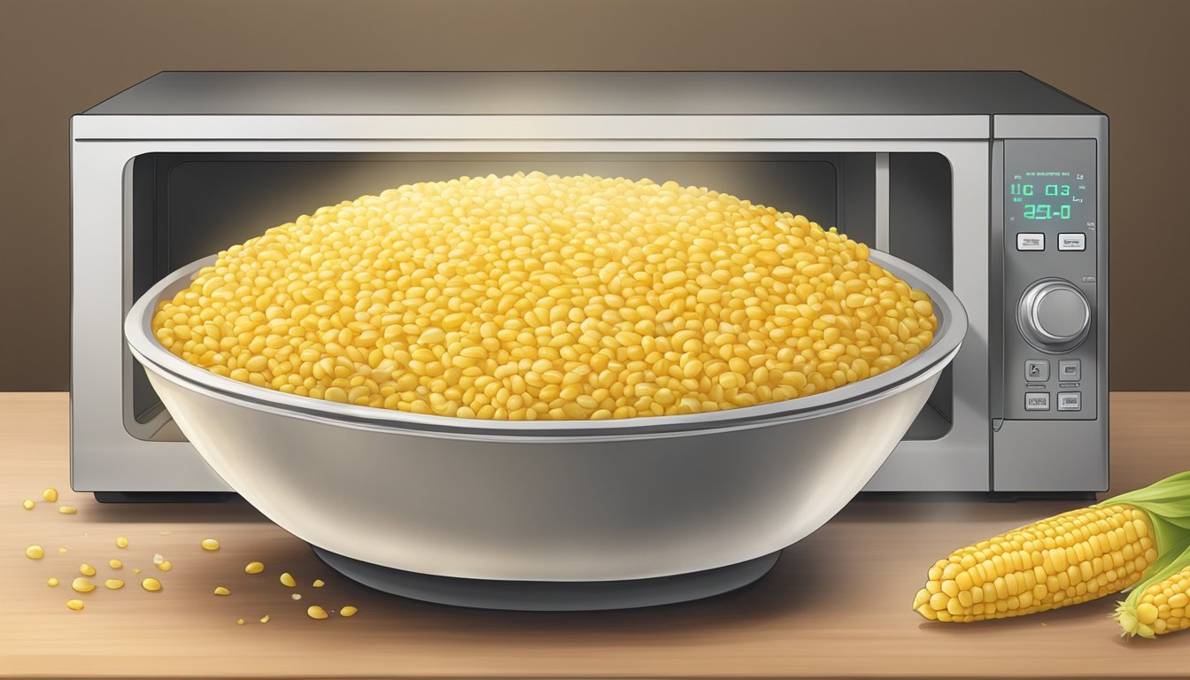 A steaming bowl of gluten-free corn being gently reheated in a microwave, with a sprinkle of seasoning for added flavor