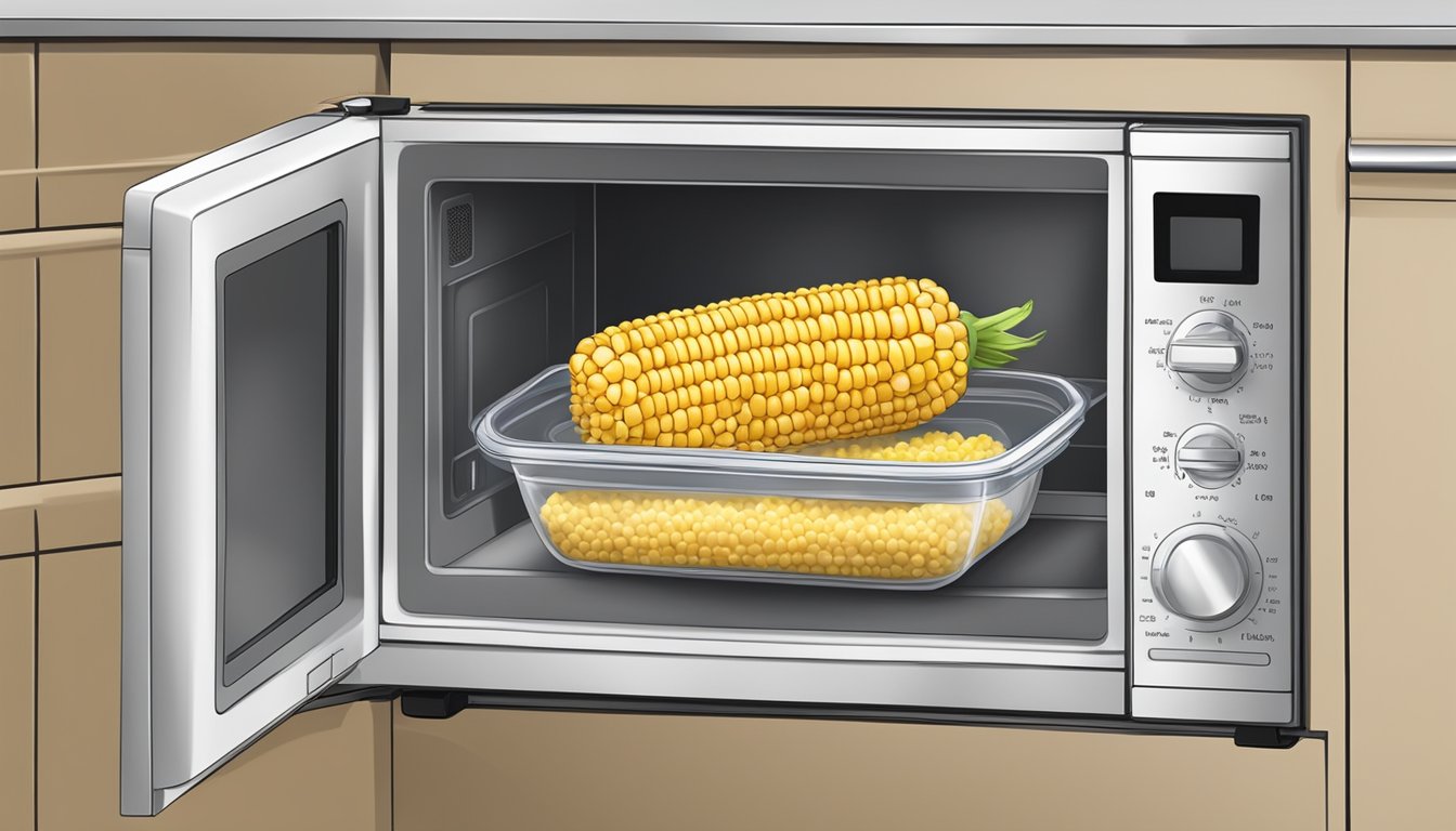 A microwave-safe dish with a portion of gluten-free corn, covered with a microwave-safe lid, placed inside a microwave oven