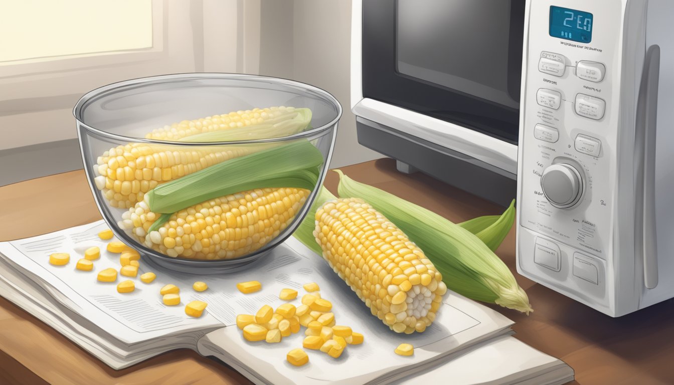 A bowl of gluten-free corn sits in a microwave, steam rising as it reheats. Nearby, a recipe book open to a page on gluten-free ingredients