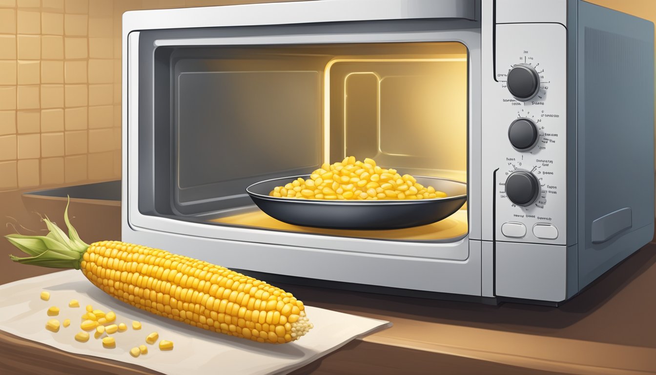 A bowl of gluten-free corn sits in a microwave, steam rising as it reheats. A fork rests nearby, ready to stir and check for the perfect temperature