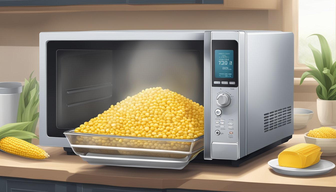 A microwave with a plate of gluten free corn inside, steam rising from the kernels as they heat up