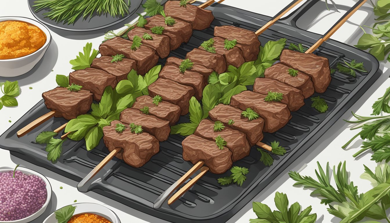 Gluten-free beef skewers arranged on a baking sheet, surrounded by fresh herbs and seasonings. A preheated oven stands ready in the background