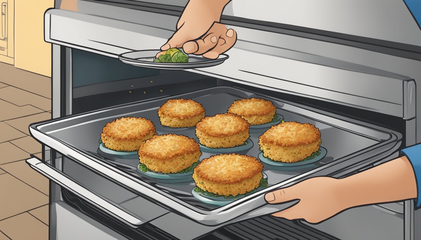 A plate of gluten free crab cakes being placed into an oven for reheating