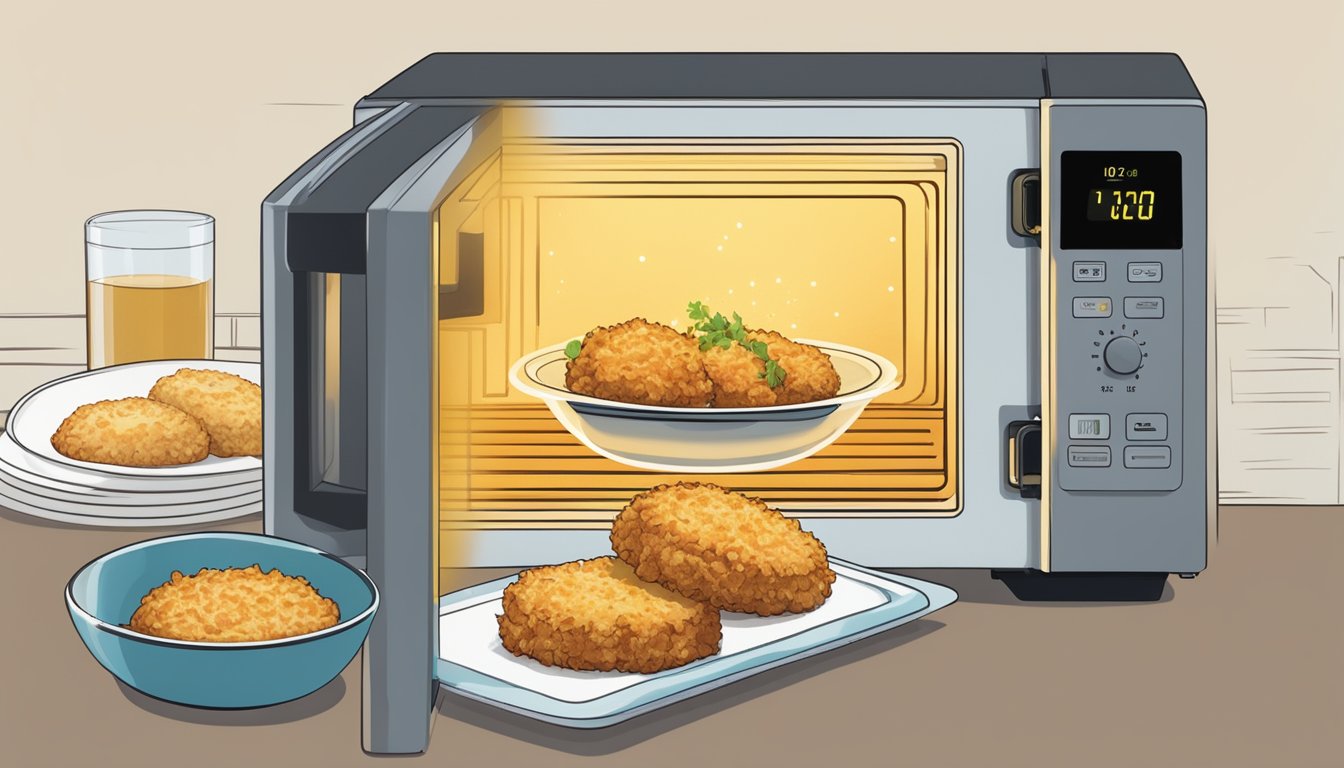 A microwave with a plate of gluten-free crab cakes inside, steam rising as they heat up