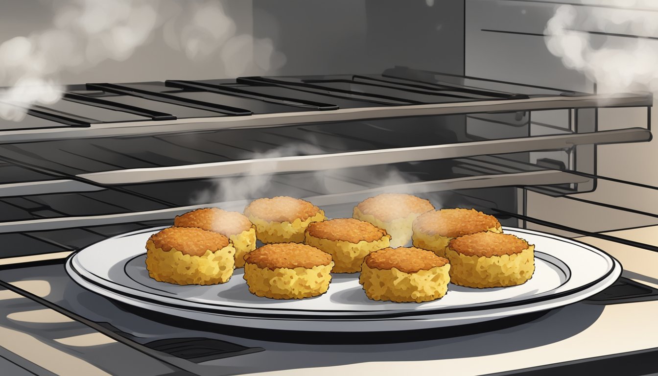 A plate of gluten-free crab cakes being reheated in the oven, with steam rising from the golden-brown patties