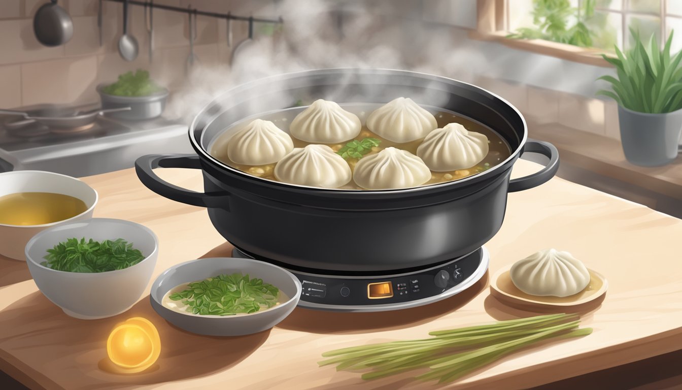 A steaming pot of gluten free dumplings being gently reheated over low heat, with the aroma of savory broth and herbs wafting through the kitchen