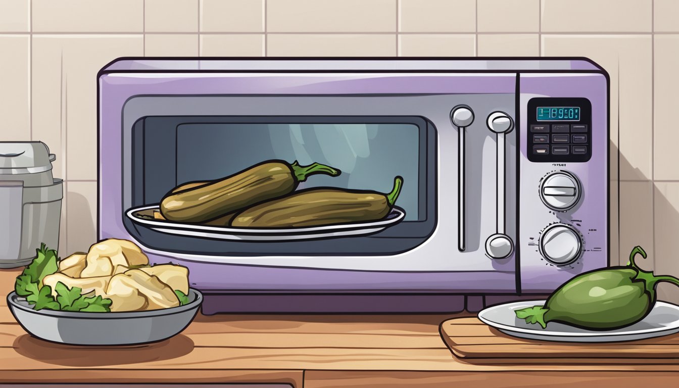 A plate of grilled eggplant sits on a wooden cutting board next to a microwave. The steam rises from the eggplant as it is being reheated