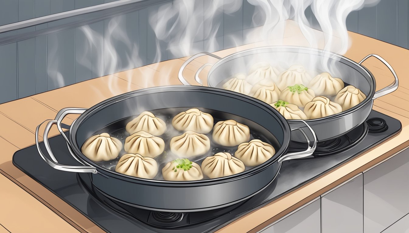 Gluten-free dumplings being gently reheated in a non-stick pan over low heat, with steam rising and a tantalizing aroma filling the air