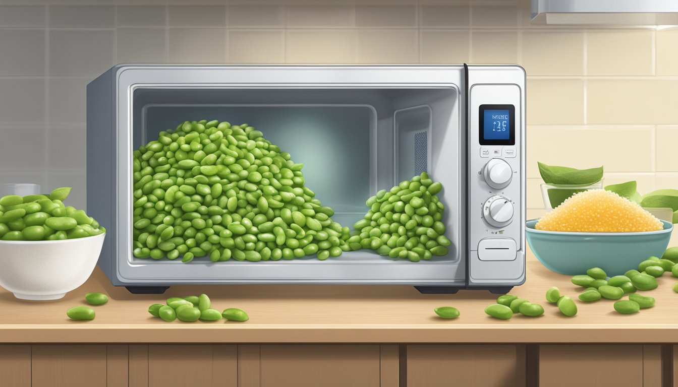 A plate of steamed edamame with a sprinkle of sea salt, placed next to a microwave with the door open