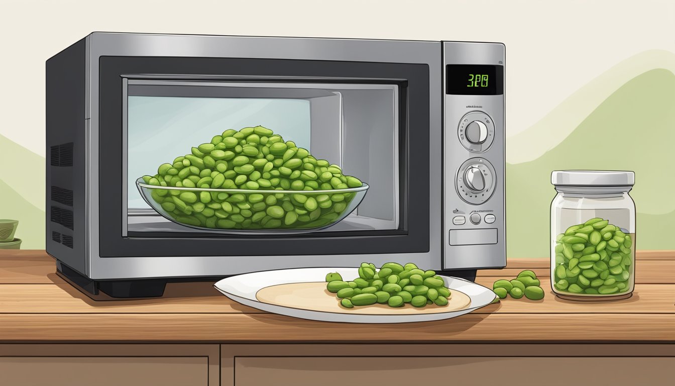 A bowl of edamame sits on a wooden cutting board next to a microwave. The edamame is covered with a damp paper towel and a plate is nearby for reheating