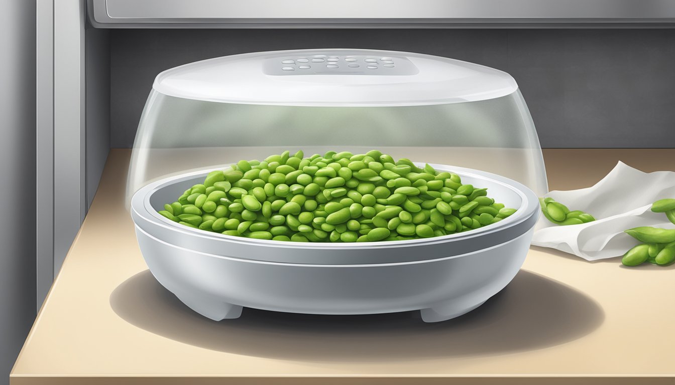 A bowl of edamame sits on a microwave-safe plate next to a damp paper towel. The microwave door is open, ready for the plate to be placed inside