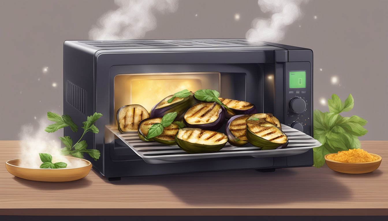 A plate of gluten-free grilled eggplant being reheated in a microwave, with steam rising and the aroma of herbs and spices filling the air