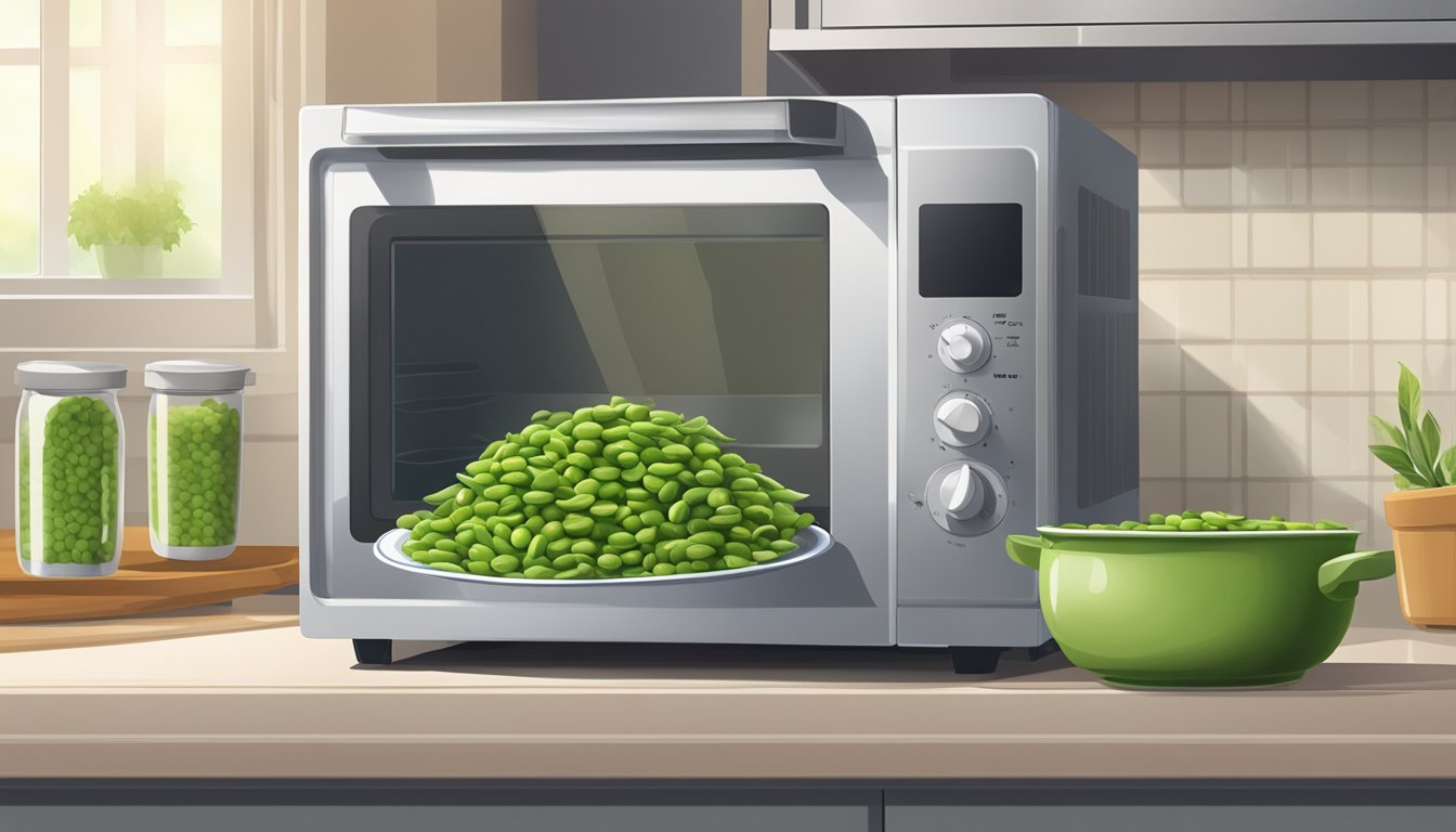 A bowl of edamame sits in a microwave next to a pot of boiling water on a stovetop