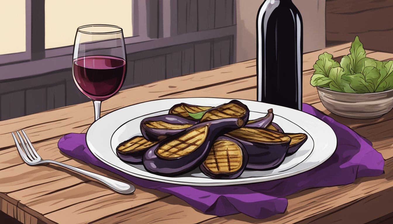 A plate of reheated gluten free grilled eggplant next to a glass of red wine on a wooden table